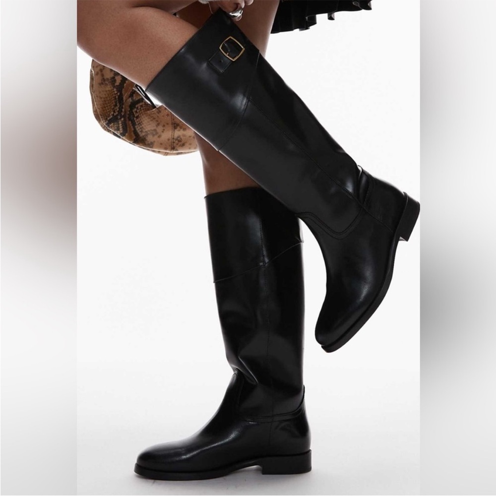 Mango Black Over the Knee Boots with Gold Buckle